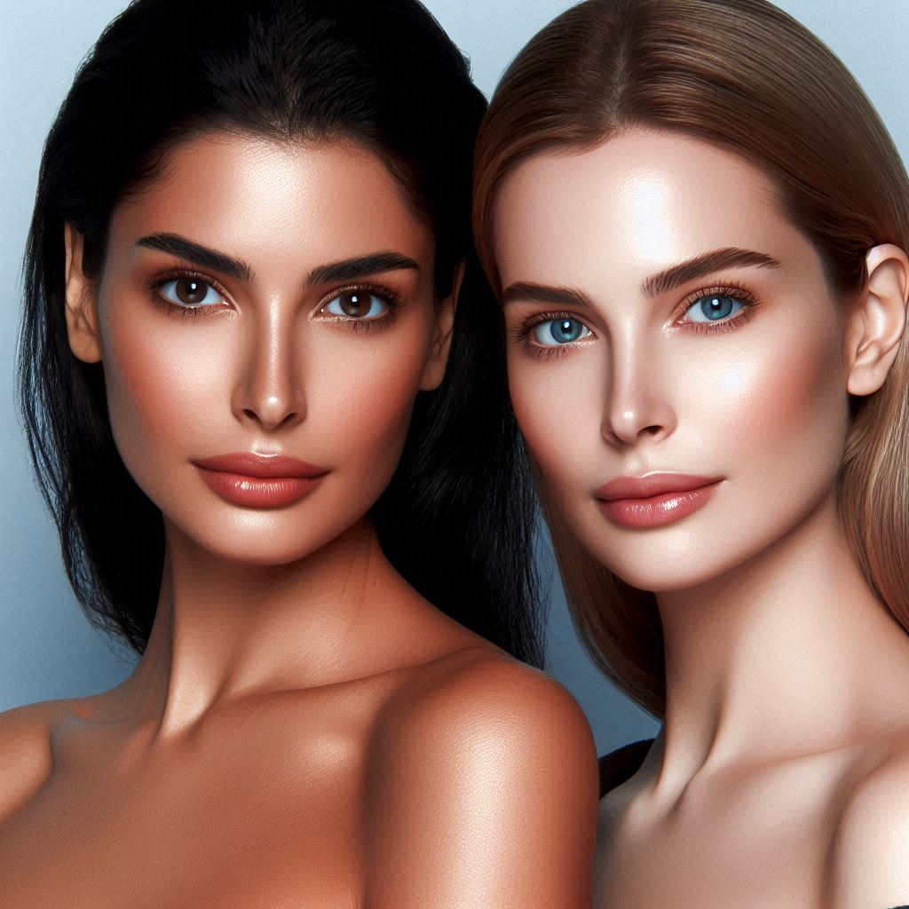 Two models with flawless, radiant skin, showcasing the effects of tretinoin in a skincare campaign. Their expressions exude confidence and elegance, emphasizing the product's transformative benefits.